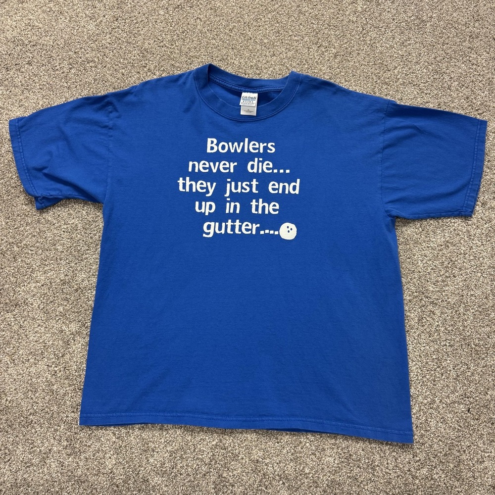 Vintage Gildan Shirt Mens XL Blue Bowlers Never Die Bowling Funny Tee T-Shirt